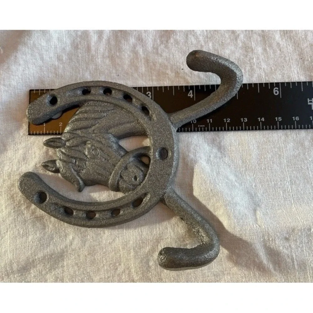 Silver Toned Cast Iron Horse Head Horseshoe Wall Coat Hook Rustic Western Ranch